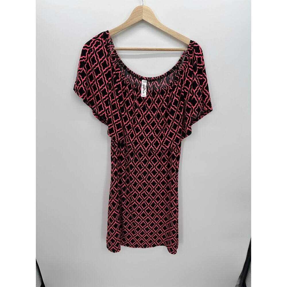 Perfectly Priscilla Womens Off Shoulder Dress Size 3X Pink Black Printed Stretch